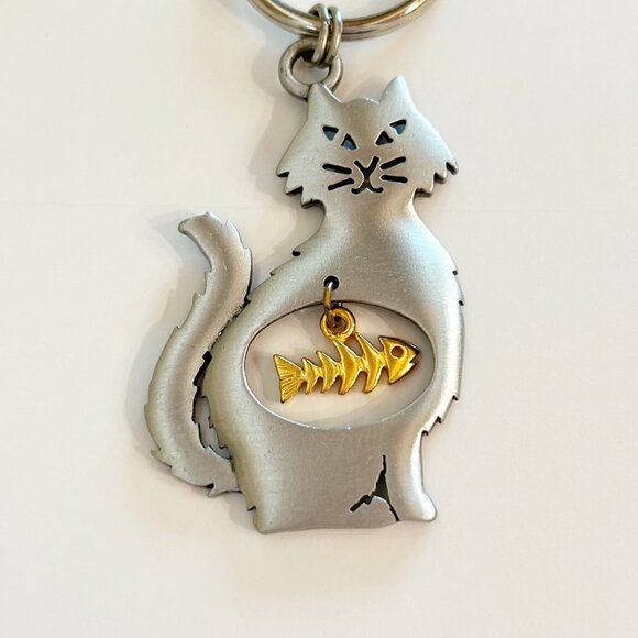 Vintage JJ Jonette Cat Keychain w Gold Fish Charm Silver & Gold Tone - Picture 1 of 6